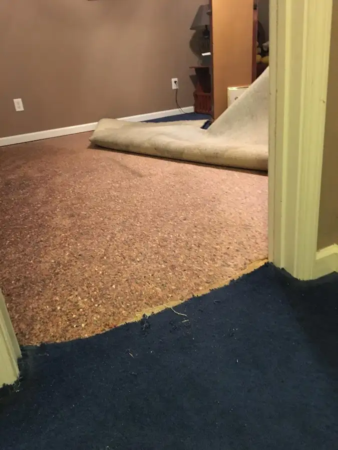 Carpet pad removal revealing water damage during Drying & Dehumidification in Brookshire