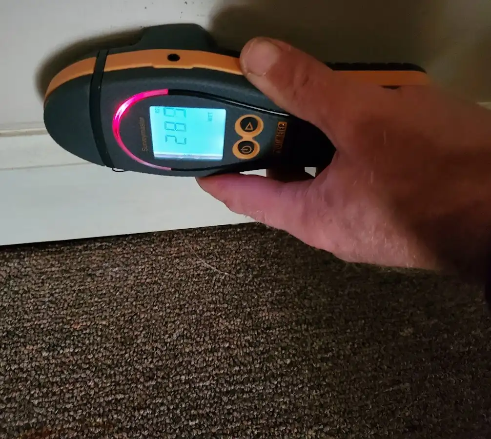 Moisture detection at baseboard during Storm Damage Restoration in Brookshire